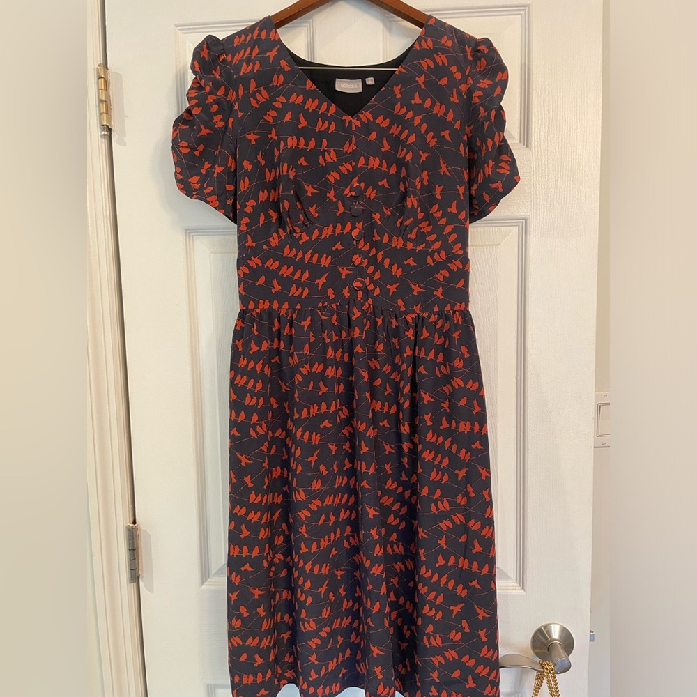 Eshakti navy lined dress with bird print